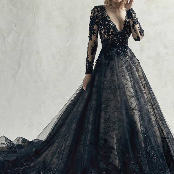 Glittery Black Wedding Dress Vintage Prom Ball Gown Long Sleeve 67500 –  Viniodress